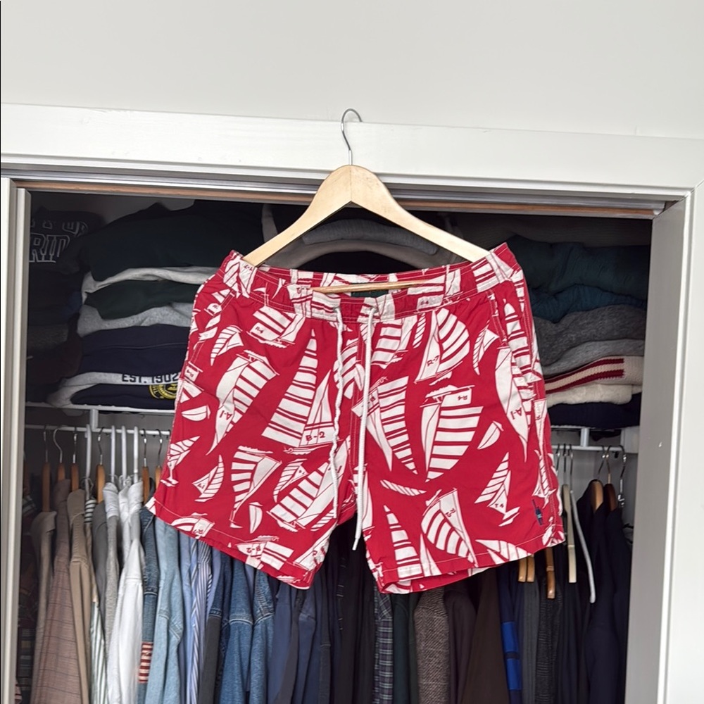 J Crew Always Red Swim Trunks with White Sailboat Print Medium